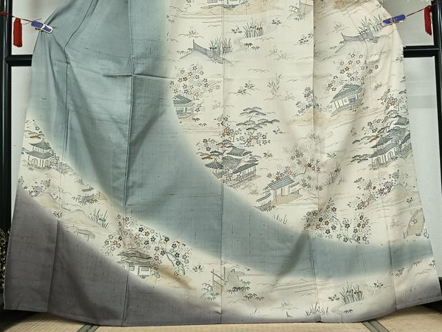 平和屋着物▽染織の名門　しょうざん  生紬　訪問着　単衣　手描き　風景花文　暈し染め　反端付き　正絹　逸品　AABI7697jh