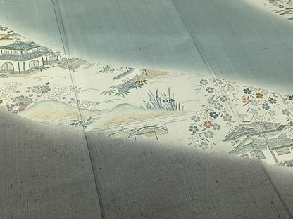 平和屋着物▽染織の名門　しょうざん  生紬　訪問着　単衣　手描き　風景花文　暈し染め　反端付き　正絹　逸品　AABI7697jh
