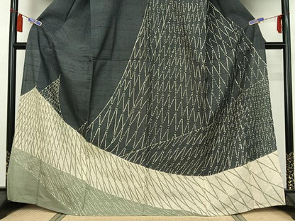 平和屋着物▽染織の名門　しょうざん  生紬　訪問着　単衣　風景文　正絹　逸品　AABI7699jh