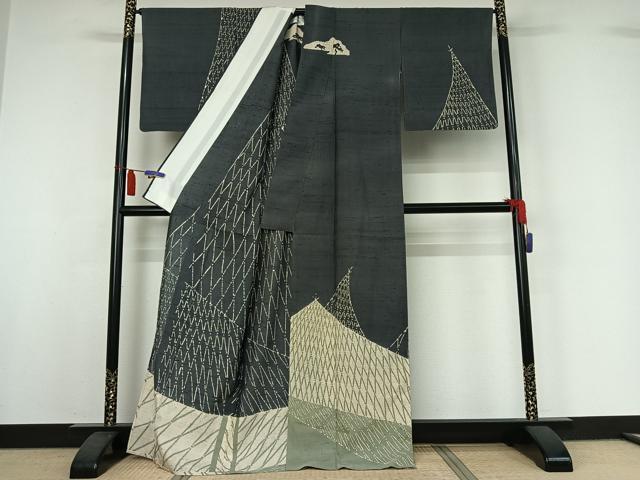 平和屋着物▽染織の名門　しょうざん  生紬　訪問着　単衣　風景文　正絹　逸品　AABI7699jh