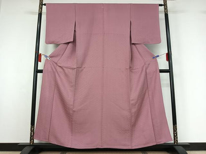 平和屋着物▽上質な色無地　単衣　網代地紋　石竹色　正絹　逸品　AABI7702jh