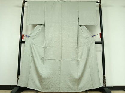 平和屋着物▽上質な色無地　単衣　花尽くし地紋　青磁鼠色　正絹　逸品　AABI7706jh