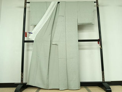 平和屋着物▽上質な色無地　単衣　花尽くし地紋　青磁鼠色　正絹　逸品　AABI7706jh
