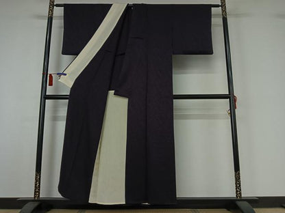 平和屋着物▽上質な色無地　単衣　芝地紋　深紫色　正絹　逸品　AABI7709jh