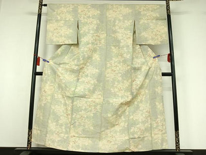 平和屋着物▽上質な紬　単衣　草花文　正絹　逸品　AABI7718jh