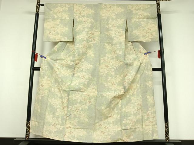 平和屋着物▽上質な紬　単衣　草花文　正絹　逸品　AABI7718jh