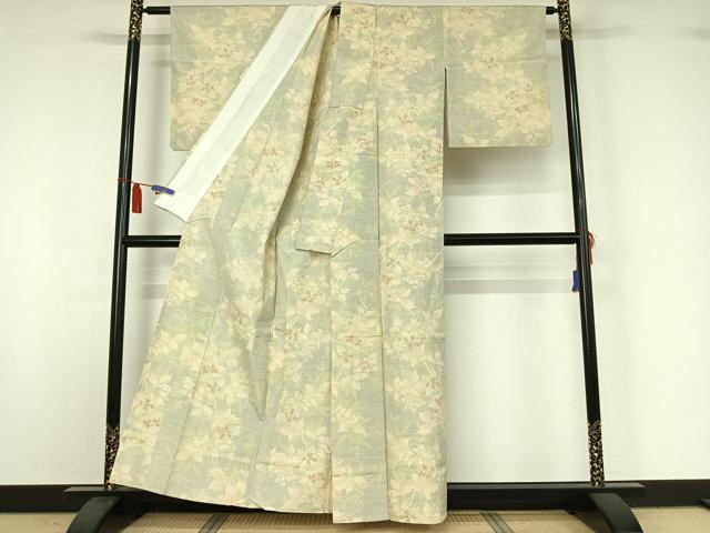 平和屋着物▽上質な紬　単衣　草花文　正絹　逸品　AABI7718jh