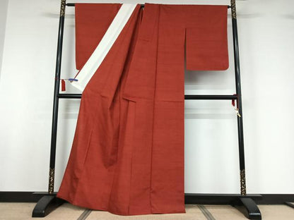 平和屋着物▽結城紬　色無地　単衣　赤丹色　正絹　逸品　AABI7720jh