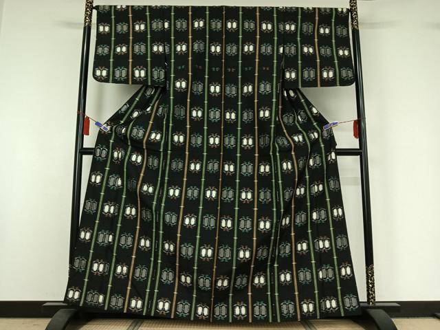 平和屋着物▽上質な紬　単衣　遠州椿　黒地　正絹　逸品　AABI7724jh