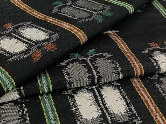 平和屋着物▽上質な紬　単衣　遠州椿　黒地　正絹　逸品　AABI7724jh