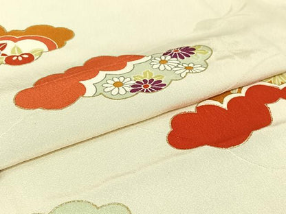 平和屋着物▽訪問着　単衣　雲取り吉祥花文　金彩　正絹　逸品　AABI7727jh