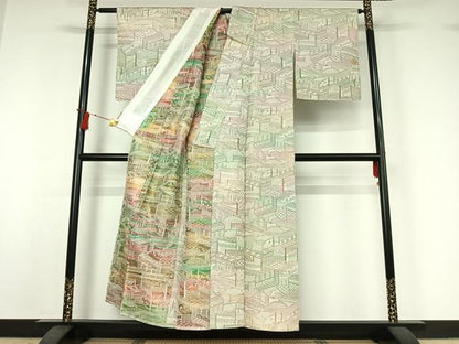 平和屋着物▽上質な紬　単衣　風景文　正絹　逸品　AABI7728jh