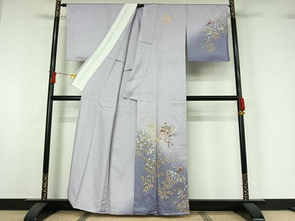 平和屋着物▽訪問着　単衣　中国三大刺繍　汕頭刺繍　スワトウ刺繍　地紙花文　暈し染め　金銀彩　金糸　正絹　逸品　AABI7730jh