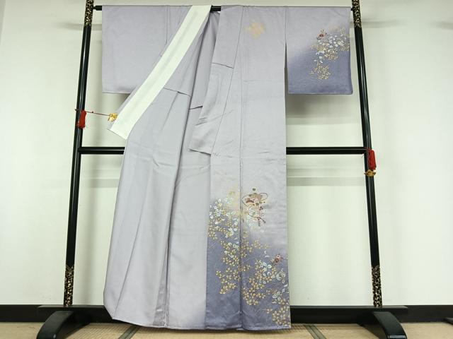 平和屋着物▽訪問着　単衣　中国三大刺繍　汕頭刺繍　スワトウ刺繍　地紙花文　暈し染め　金銀彩　金糸　正絹　逸品　AABI7730jh