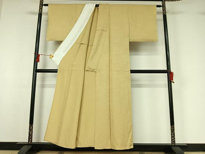 平和屋着物▽上質な色無地　単衣　草花地紋　練色　正絹　逸品　AABI7735jh