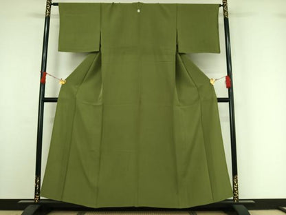 平和屋着物▽上質な色無地　単衣　草色　正絹　逸品　AABI7736jh