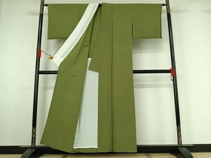 平和屋着物▽上質な色無地　単衣　草色　正絹　逸品　AABI7736jh