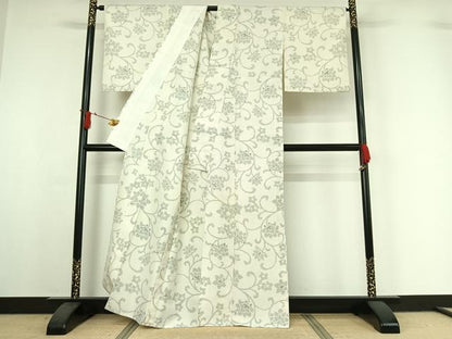 平和屋着物▽結城紬　単衣　80亀甲　花唐草文　証紙付き　正絹　逸品　AABI7741jh