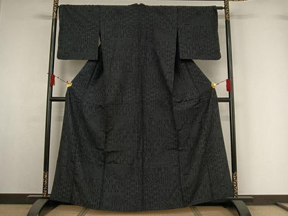 平和屋着物▽結城紬　単衣　80亀甲　幾何学文様　正絹　逸品　AABI7743jh