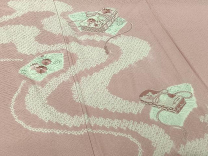平和屋着物▽訪問着　単衣　絞り　刺繍　吉祥花文箱文　銀彩　正絹　逸品　AABI7745jh