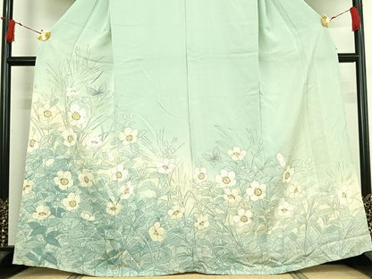 平和屋着物▽訪問着　単衣　花蝶文　暈し染め　銀彩　正絹　逸品　AABI7746jh