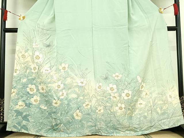 平和屋着物▽訪問着　単衣　花蝶文　暈し染め　銀彩　正絹　逸品　AABI7746jh