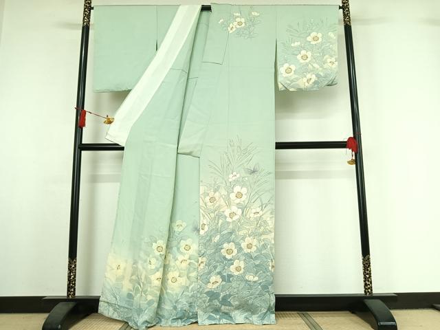 平和屋着物▽訪問着　単衣　花蝶文　暈し染め　銀彩　正絹　逸品　AABI7746jh