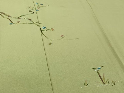 平和屋着物▽色留訪問着　単衣　総刺繍　流水枝葉文　鳥　正絹　逸品　AABI7748jh