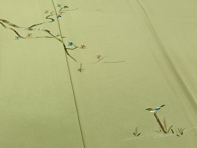 平和屋着物▽色留訪問着　単衣　総刺繍　流水枝葉文　鳥　正絹　逸品　AABI7748jh