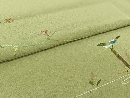 平和屋着物▽色留訪問着　単衣　総刺繍　流水枝葉文　鳥　正絹　逸品　AABI7748jh