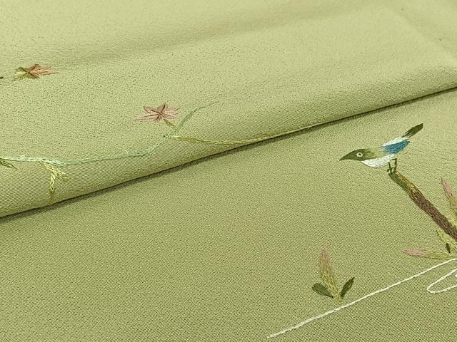 平和屋着物▽色留訪問着　単衣　総刺繍　流水枝葉文　鳥　正絹　逸品　AABI7748jh