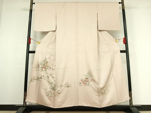 平和屋着物▽訪問着　単衣　総刺繍　風景花文　金糸　正絹　逸品　AABI7750jh