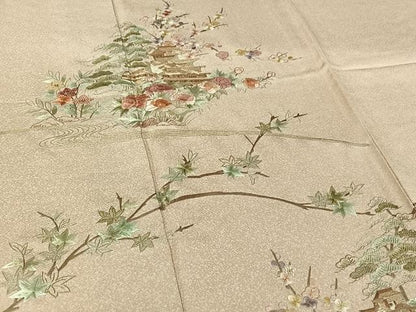 平和屋着物▽訪問着　単衣　総刺繍　風景花文　金糸　正絹　逸品　AABI7750jh