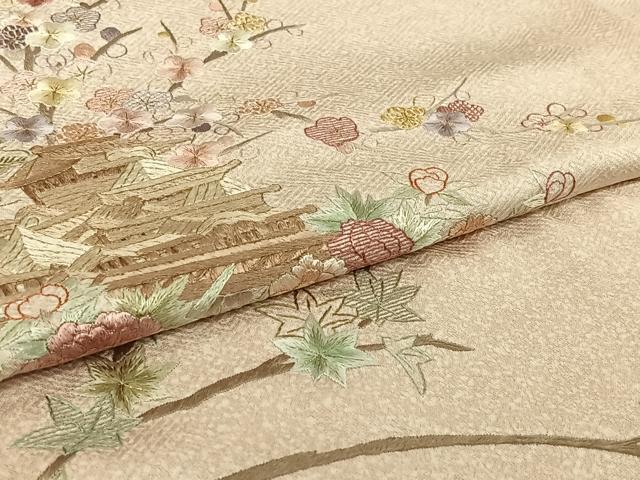 平和屋着物▽訪問着　単衣　総刺繍　風景花文　金糸　正絹　逸品　AABI7750jh