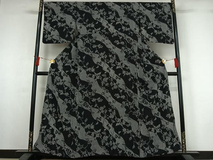 平和屋着物▽上質な小紋　単衣　草葉文　黒地　正絹　逸品　AABI7751jh