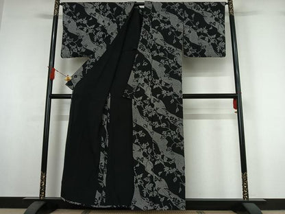 平和屋着物▽上質な小紋　単衣　草葉文　黒地　正絹　逸品　AABI7751jh