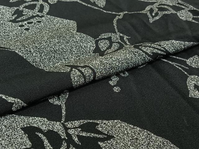 平和屋着物▽上質な小紋　単衣　草葉文　黒地　正絹　逸品　AABI7751jh