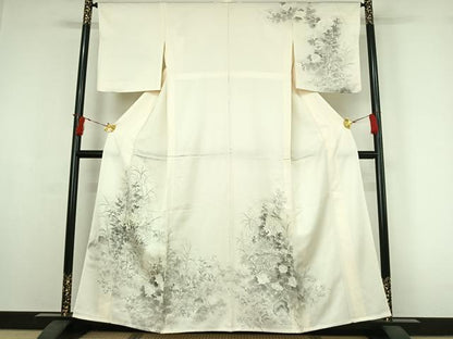 平和屋着物▽訪問着　単衣　手描き　草花文　菊　正絹　逸品　AABI7753jh