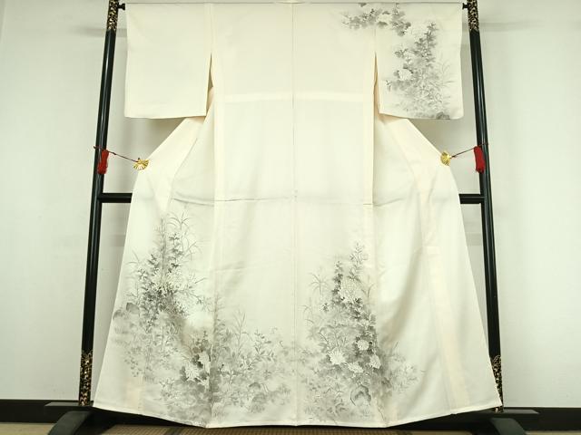 平和屋着物▽訪問着　単衣　手描き　草花文　菊　正絹　逸品　AABI7753jh