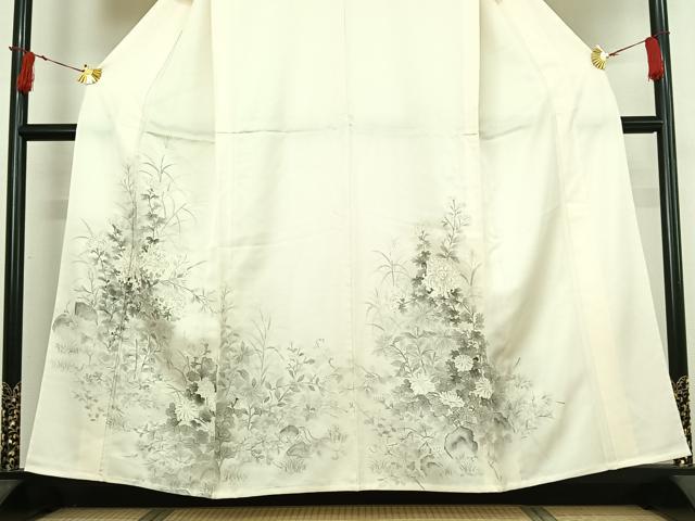 平和屋着物▽訪問着　単衣　手描き　草花文　菊　正絹　逸品　AABI7753jh