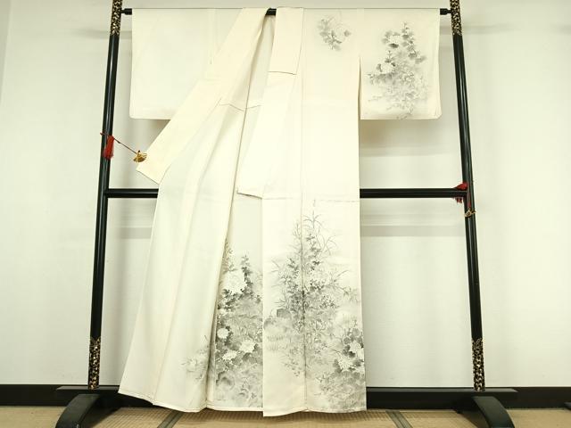 平和屋着物▽訪問着　単衣　手描き　草花文　菊　正絹　逸品　AABI7753jh