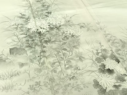 平和屋着物▽訪問着　単衣　手描き　草花文　菊　正絹　逸品　AABI7753jh