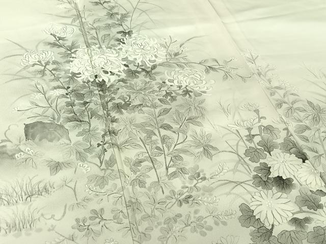 平和屋着物▽訪問着　単衣　手描き　草花文　菊　正絹　逸品　AABI7753jh