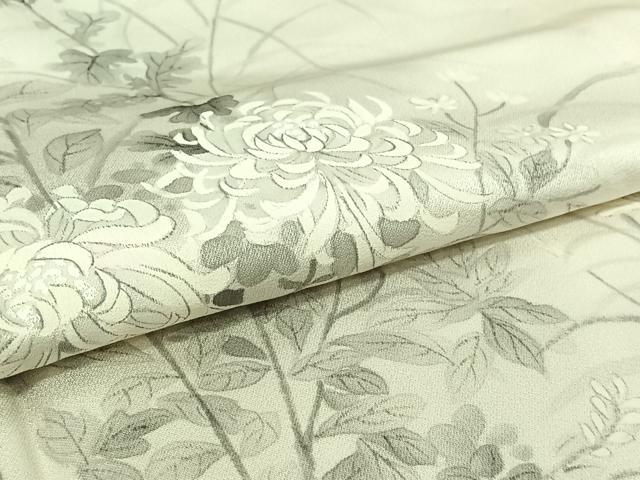 平和屋着物▽訪問着　単衣　手描き　草花文　菊　正絹　逸品　AABI7753jh