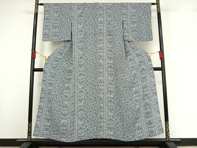 平和屋着物▽上質な小紋　単衣　更紗花蝶文　鬼しぼ縮緬　正絹　逸品　AABI7755jh