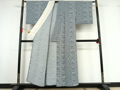 平和屋着物▽上質な小紋　単衣　更紗花蝶文　鬼しぼ縮緬　正絹　逸品　AABI7755jh