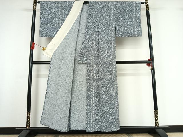 平和屋着物▽上質な小紋　単衣　更紗花蝶文　鬼しぼ縮緬　正絹　逸品　AABI7755jh
