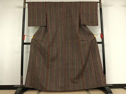平和屋着物▽上質な紬　単衣　縞　正絹　逸品　AABI7757jh