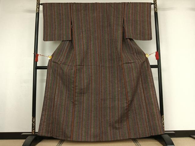平和屋着物▽上質な紬　単衣　縞　正絹　逸品　AABI7757jh