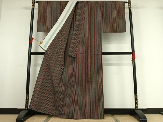 平和屋着物▽上質な紬　単衣　縞　正絹　逸品　AABI7757jh